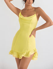 Solid-color Halter Sleeveless Ruffle Short Dresses