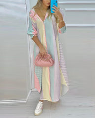 Colorful Stripe Print Button Front High Slit Long Shirt Dress
