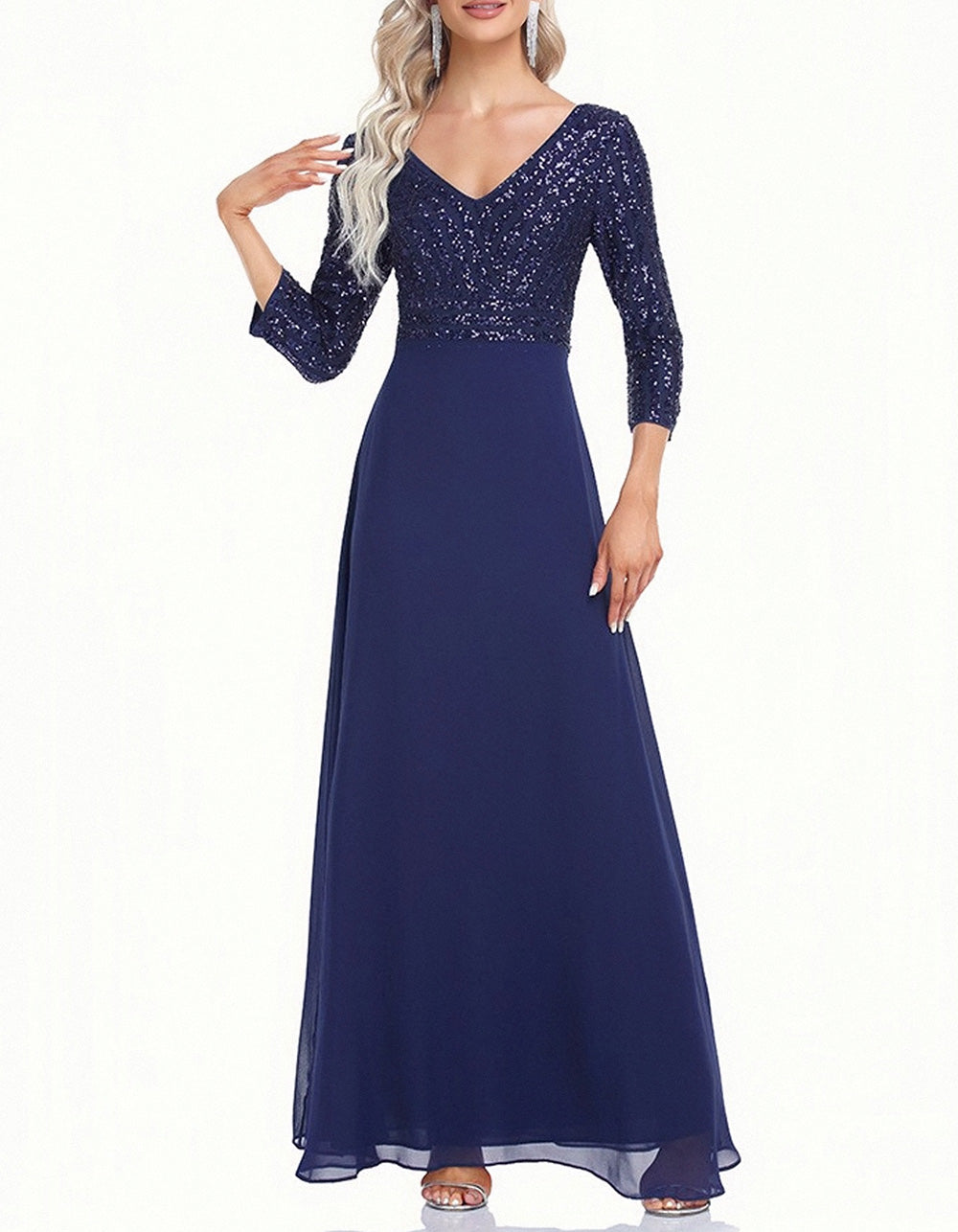 Solid-color V Neck 3/4 Sleeve Sequin Patchwork Long A-Line Evening Dresses