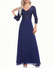 Solid-color V Neck 3/4 Sleeve Sequin Patchwork Long A-Line Evening Dresses