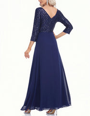 Solid-color V Neck 3/4 Sleeve Sequin Patchwork Long A-Line Evening Dresses