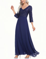 Solid-color V Neck 3/4 Sleeve Sequin Patchwork Long A-Line Evening Dresses