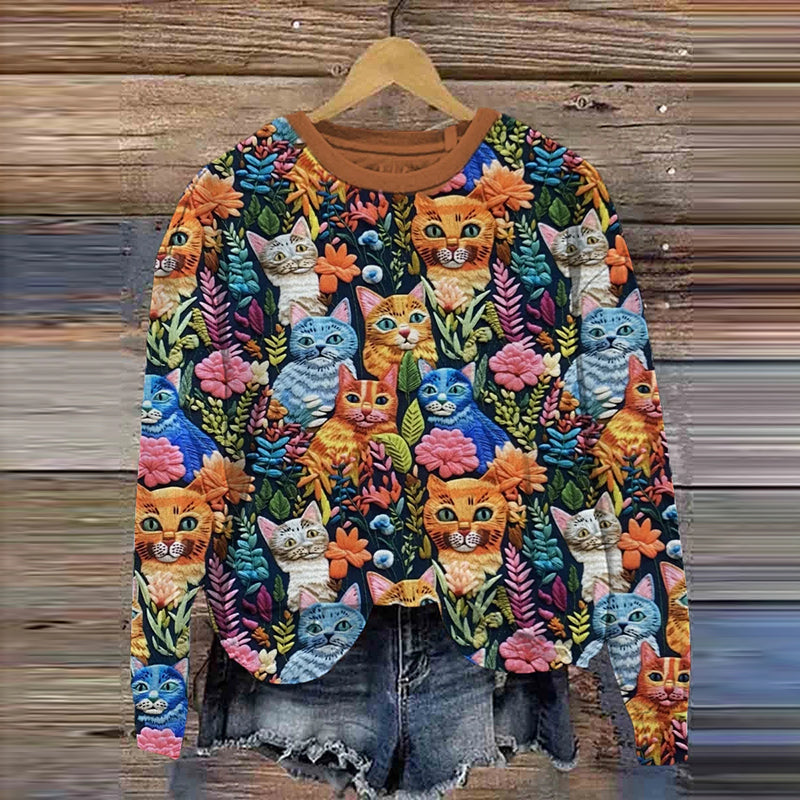 Christmas Gift Funny Cat Art Print Knit Pullover Sweatshirt