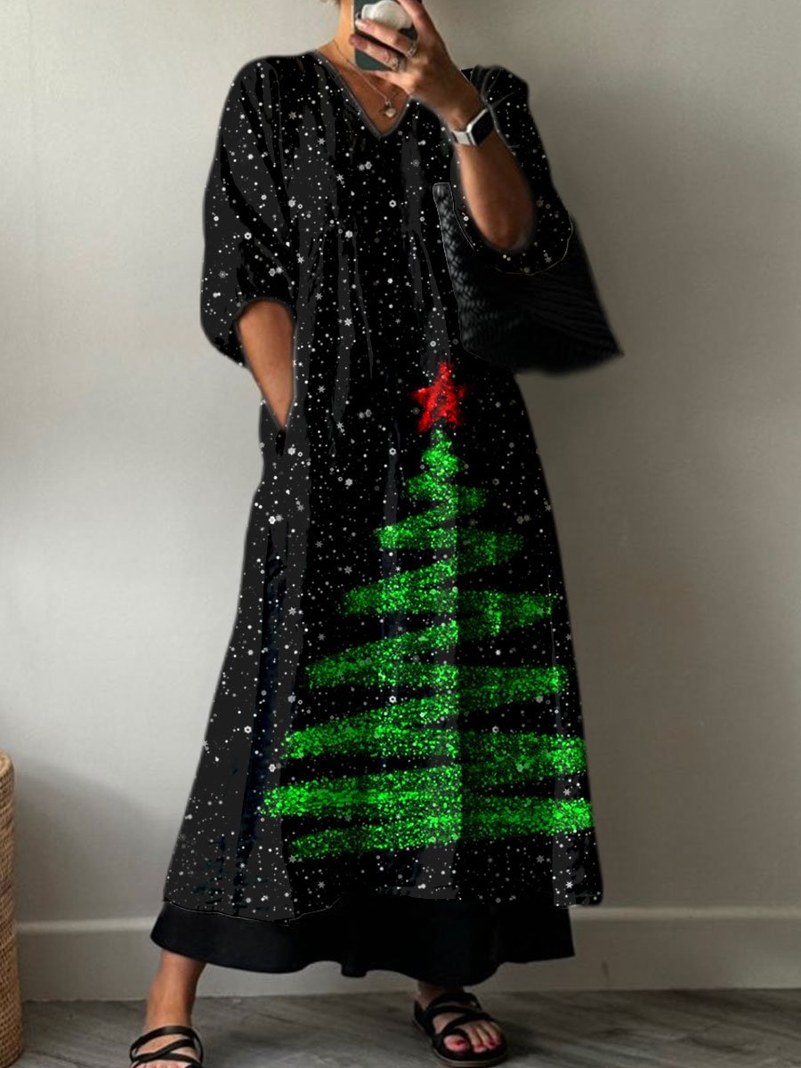 Glitter Christmas Tree Print Pocket V-neck Cotton Dress