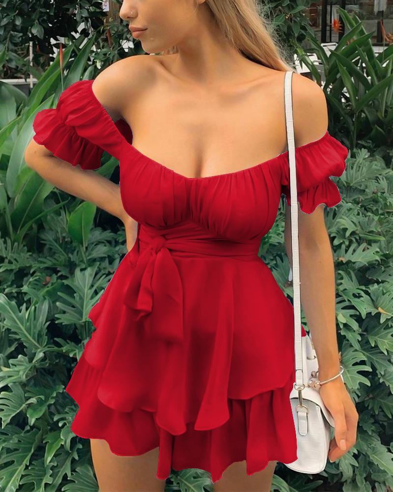 Solid Ruffles Hem Strap Short Sleeve Cold Shoulder Mini Dress