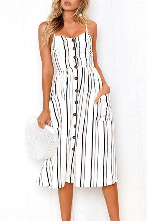 Casual V-neck Striped Button White Dress