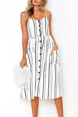 Casual V-neck Striped Button White Dress