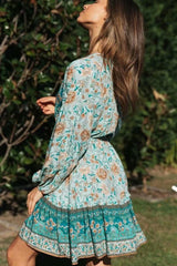 Flattering Bohemian Print Button Front V Neck Midi Dress