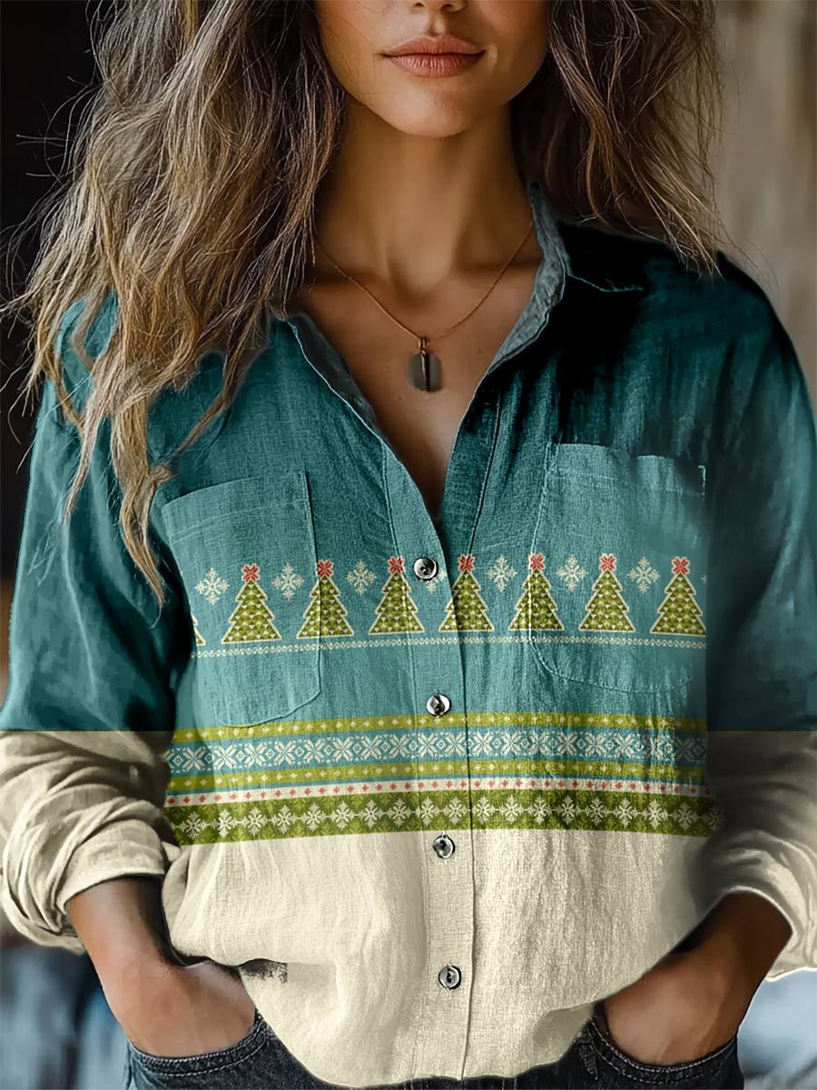 Christmas Print Casual Long Sleeve Comfortable Cotton Shirt