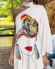 One Shoulder Figure Print Irregular Dress
