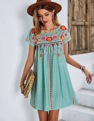 Floral Print Round Neck Short Sleeve Loose Short Dresses