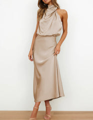 Solid-color Semi-tall Collar Satin Sleeveless Party Long Dresses