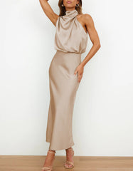 Solid-color Semi-tall Collar Satin Sleeveless Party Long Dresses