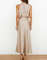 Solid-color Semi-tall Collar Satin Sleeveless Party Long Dresses