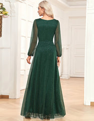 Solid-color High Waist Long Sleeve Chiffon Long Evening A-Line Dresses