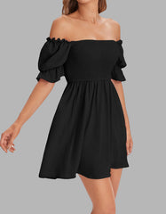 Plain Square Neck Ruffle Short Sleeve Pleated  A Line Dresses