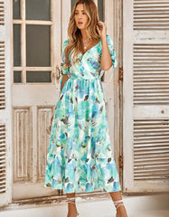 Puff Sleeve V Neck Plants Floral Print Long A Line Dresses