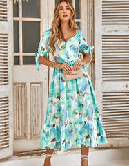 Puff Sleeve V Neck Plants Floral Print Long A Line Dresses