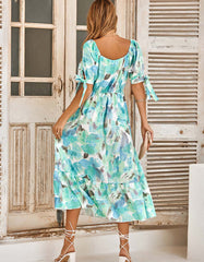 Puff Sleeve V Neck Plants Floral Print Long A Line Dresses