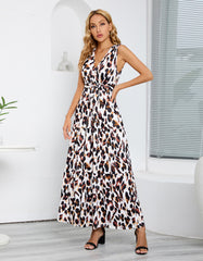 V-Neck Leopard Print Strap Long A Line Dresses