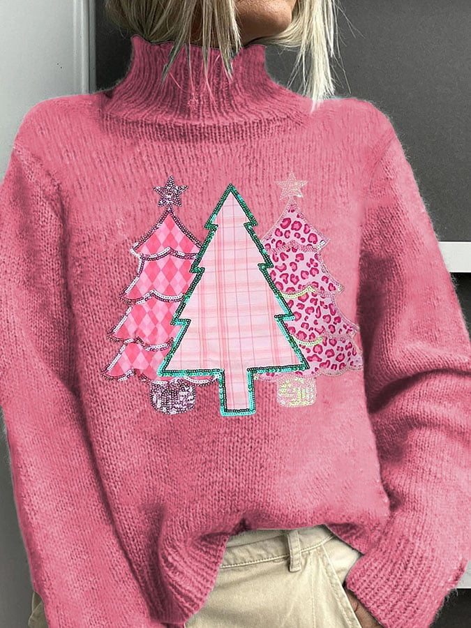 Christmas Tree Print Knitted Turtleneck Pullover