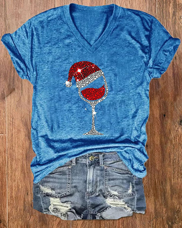 Merry Christmas Wine Glass V-Neck Top