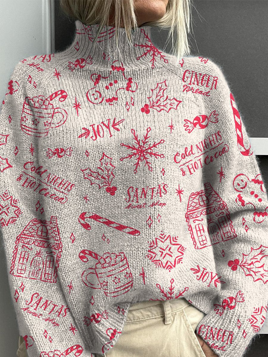 Simple Christmas Pattern Printed Knit Turtleneck Pullover Sweater