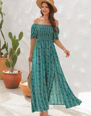 Vertical Stripe Print Slits Square Neck Short Sleeve A Line Dresses