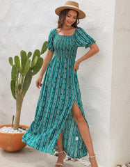 Vertical Stripe Print Slits Square Neck Short Sleeve A Line Dresses