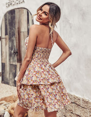 Disty Floral Printed Halter Backless Sleeveless Short A-Line Dresses