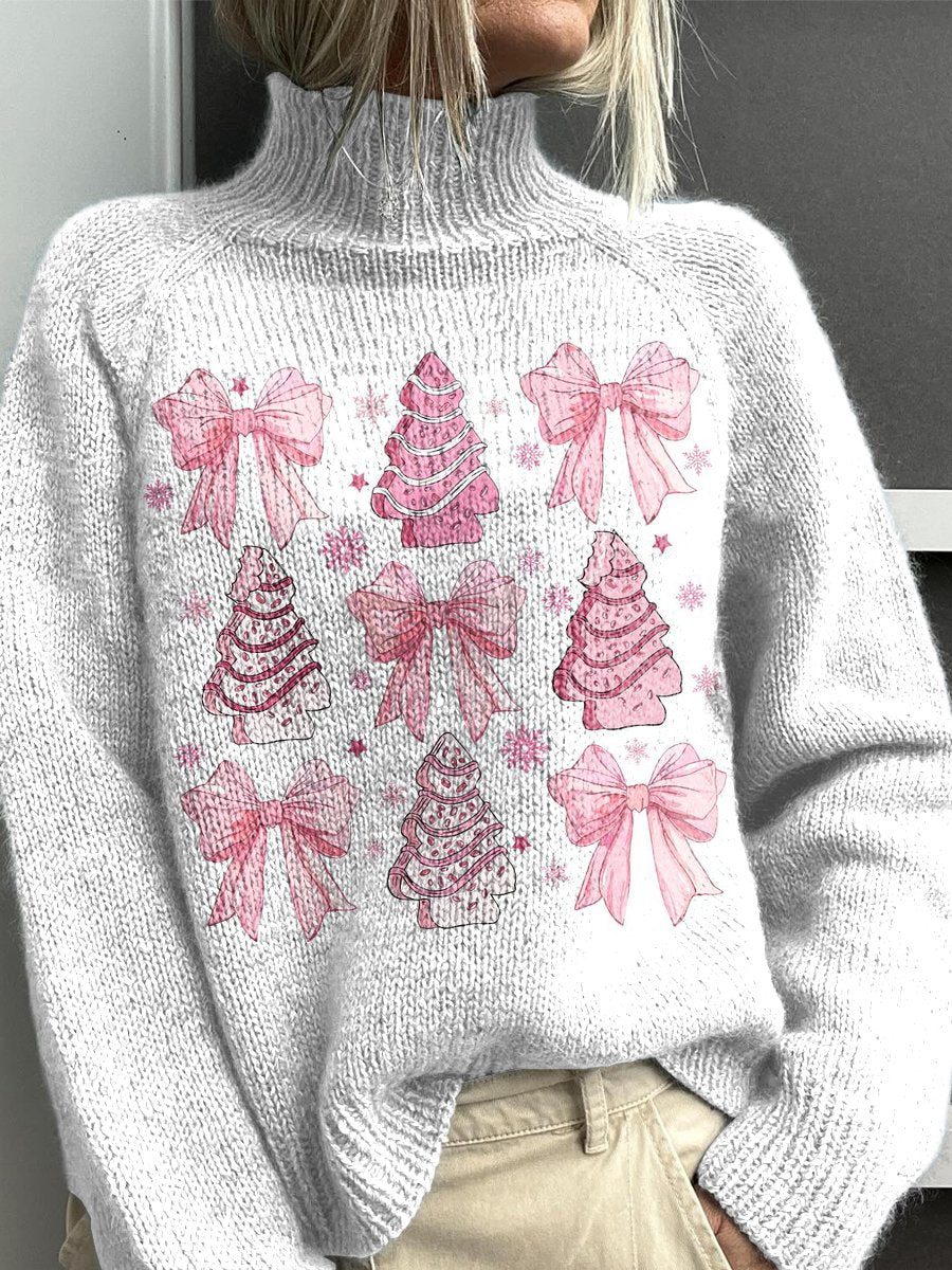 Pink Bow Christmas Tree Print Knit Turtleneck Pullover Sweater
