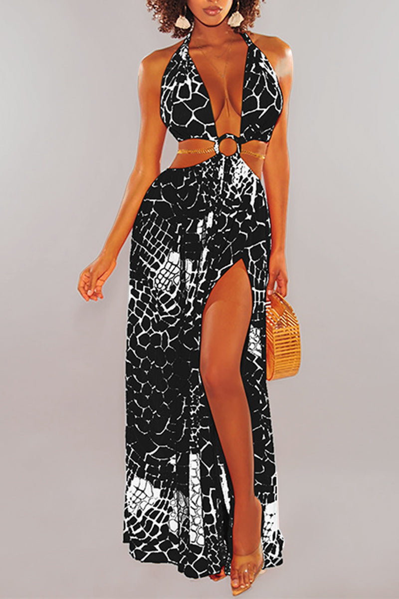 O-Ring Metallic Strap Detail Cut Out Backless Dress
