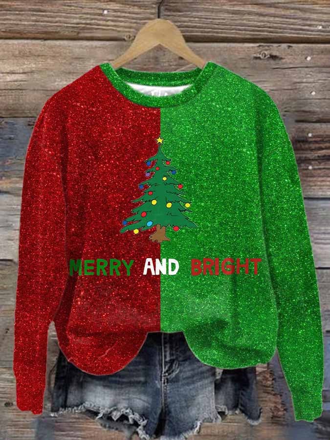 Merry And Bright Christmas Tree Print Long Sleeve Sweatshirt