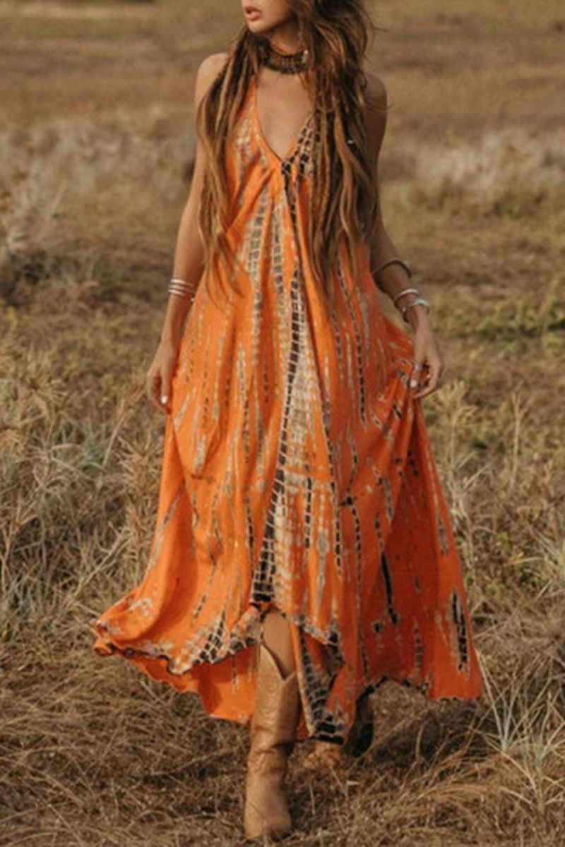 Allover Print Backless Halter Maxi Dress