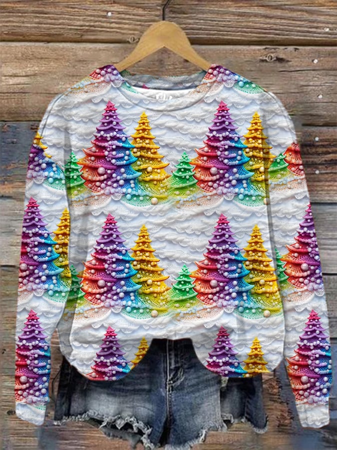 Christmas Colorful Christmas Tree Printed Casual Sweatshirt