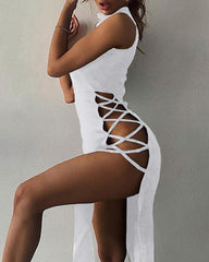 Mock Neck Plain Sleeveless High Slit Maxi Dress