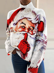 Vintage Christmas Santa Art Print Knit Turtleneck Pullover Sweater