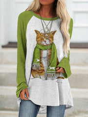 Casual Christmas Cat Print Long Sleeve T-Shirt