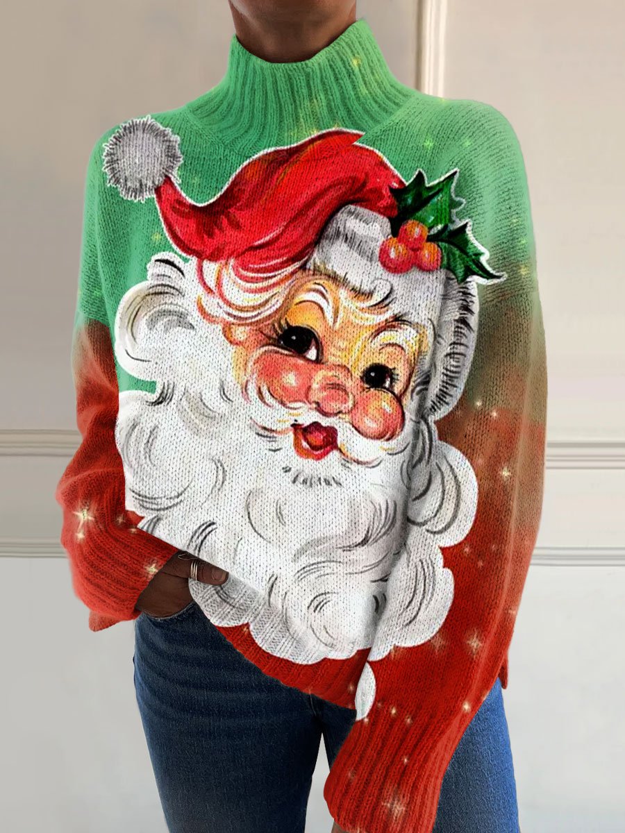 Vintage Christmas Santa Art Print Knit Turtleneck Pullover Sweater