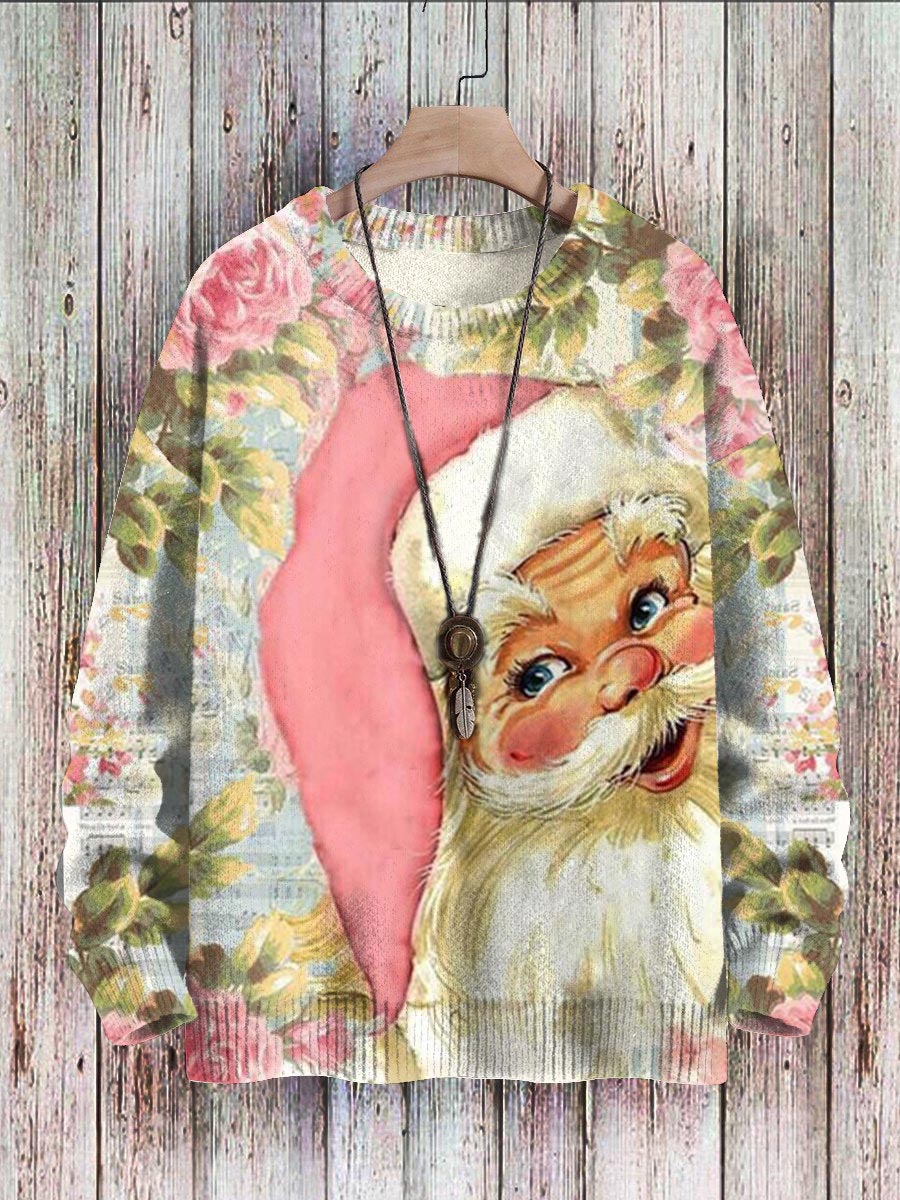 Retro Pink Santa Claus Round Neck Pit Strip Knitted Sweatshirt
