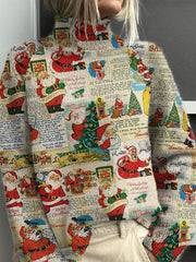 Vintage Christmas Print Knit Turtleneck Pullover Sweater