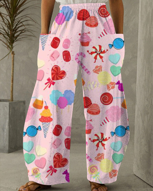 Pink Christmas Print Loose Pants