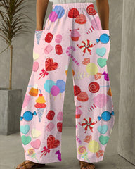 Pink Christmas Print Loose Pants