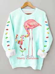 Merry Christmas Flamingo Fun Print Casual Sweatshirt