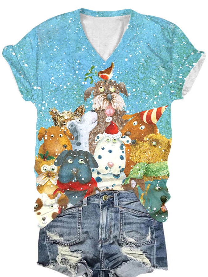 Christmas Dog Print V-Neck T-Shirt