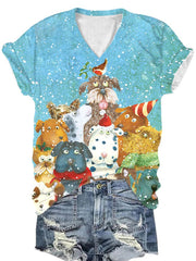 Christmas Dog Print V-Neck T-Shirt