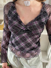 V Neck Plaid Mesh Bow Decor Long Sleeve Tee
