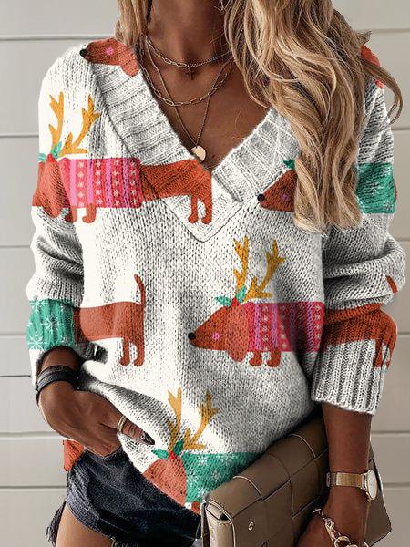 Christmas Dachshund Art Print Knit V-neck Pullover Sweater