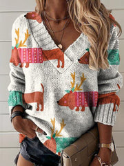 Christmas Dachshund Art Print Knit V-neck Pullover Sweater
