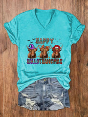 Happy Hallothanksmas Funny Cows Print V-Neck T-Shirt